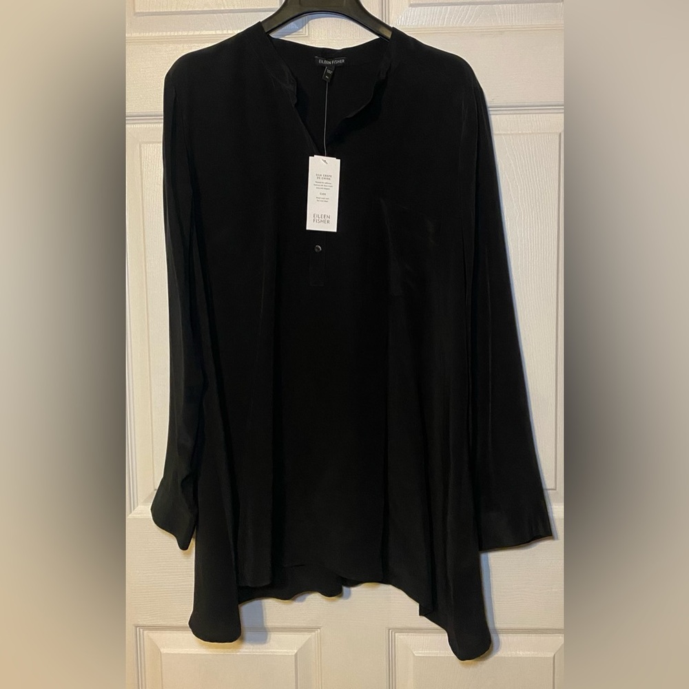 Eileen Fisher 100% Silk Mandarin Collar Shirt Size XL